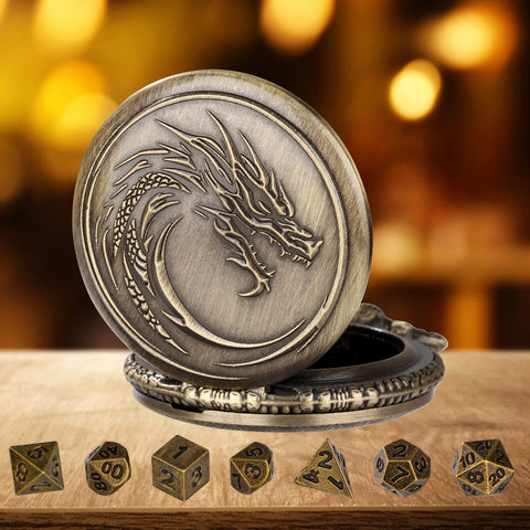Dragon Totem Metal Pocket Watch Dice Set – Antique Bronze & Silver Alloy RPG Dice with Vintage Case