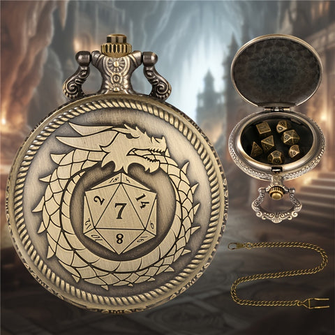 Evil Dragon Metal Pocket Watch Dice Set – Antique Bronze Alloy RPG Dice with Vintage Case