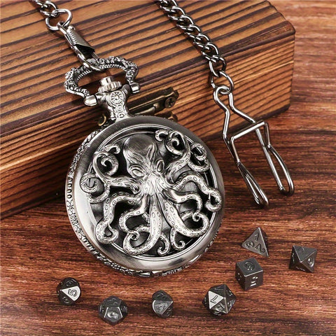 Lord of the Deep Metal Pocket Watch Dice Set – Antique Bronze & Silver Alloy RPG Dice with Vintage Case
