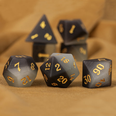 Matte Black Cat’s Eye Stone Dice Set – Handcrafted Luxury Gemstone RPG Dice for D&D, Pathfinder & Collectors