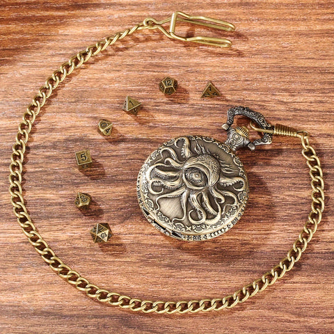 Evil Eye Cthulhu Metal Pocket Watch Dice Set – Antique Bronze & Silver Alloy RPG Dice with Vintage Case