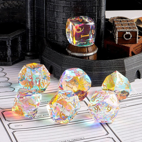 Iridescent Prism Glass Dice Set – Handcrafted Multi-Faceted K9 Glass RPG Dice for D&D, Pathfinder & Collectors
