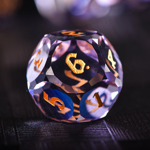 Faceted Purple Glass Dice Set – Handcrafted K9 Crystal RPG Dice with Golden Engravings for Dungeons & Dragons & Collectors