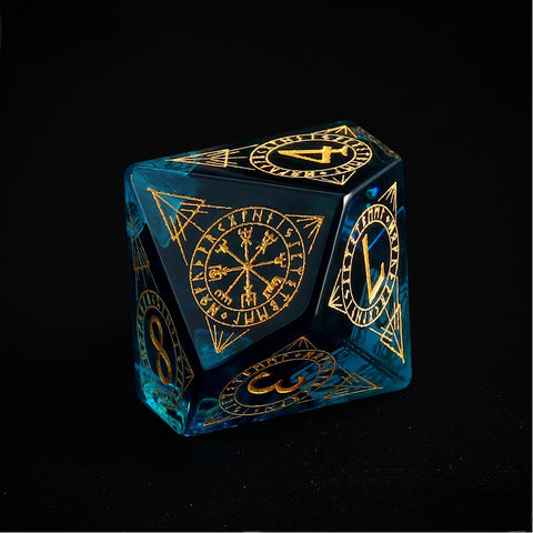 K9 Sapphire Blue Glass Dice Set – Hand-Carved Gold Engraved Crystal RPG Dice for D&D, Pathfinder & More