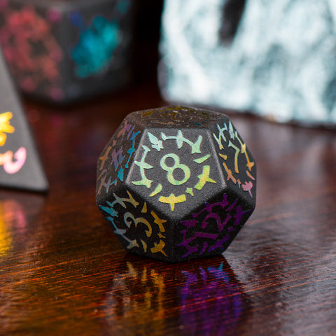 Heart of the Dragon’s Shadow Obsidian Dice Set – Handcrafted Natural Black Gemstone RPG Dice with Iridescent Engravings for D&D, Pathfinder & Collectors
