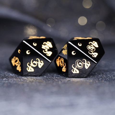 Obsidian Dice Set – Handcrafted Natural Black Gemstone RPG Dice with Gold Engraving for D&D, Pathfinder & Collectors