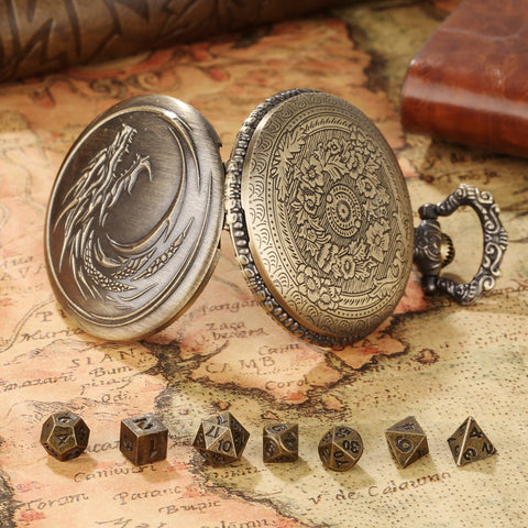 Dragon Totem Metal Pocket Watch Dice Set – Antique Bronze & Silver Alloy RPG Dice with Vintage Case