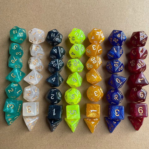 Starlight Mystery Acrylic Dice Set – 15 Random Colors, 7 Polyhedral Dice for DND, RPG, Pathfinder & Tabletop Games