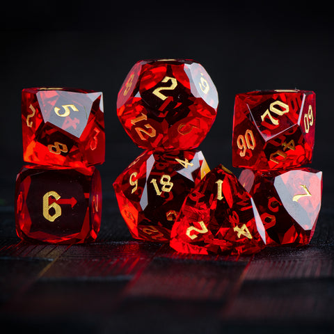 Faceted Red Glass Dice Set – Handcrafted K9 Crystal RPG Dice with Golden Engravings for Dungeons & Dragons & Collectors