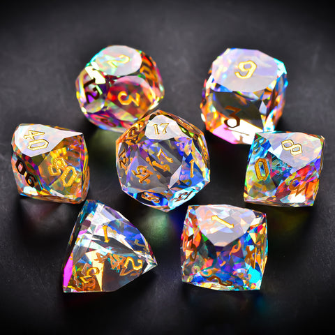 Iridescent Prism Glass Dice Set – Handcrafted Multi-Faceted K9 Glass RPG Dice for D&D, Pathfinder & Collectors