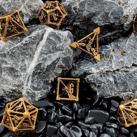 Destiny’s Blade Copper Hollow Dice Set – Antique Gold Metal RPG Dice