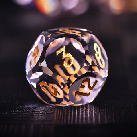 Faceted Pink Glass Dice Set – Handcrafted K9 Crystal RPG Dice with Golden Engravings for Dungeons & Dragons & Collectors