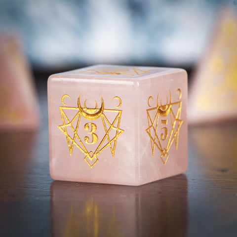 Rose Quartz Dice Set – Handcrafted Natural Pink Gemstone RPG Dice with Gold Engravings for D&D, Pathfinder & Collectors