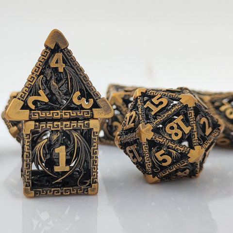 Ravethorn Copper Hollow Dice Set – Antique Gold & Aged Red Copper RPG Dice