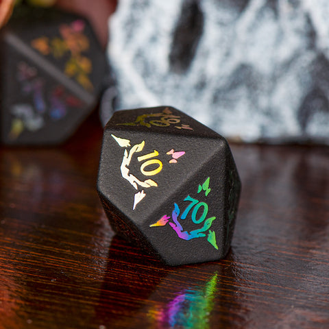 Heart of the Dragon’s Shadow Obsidian Dice Set – Handcrafted Natural Black Gemstone RPG Dice with Iridescent Engravings for D&D, Pathfinder & Collectors