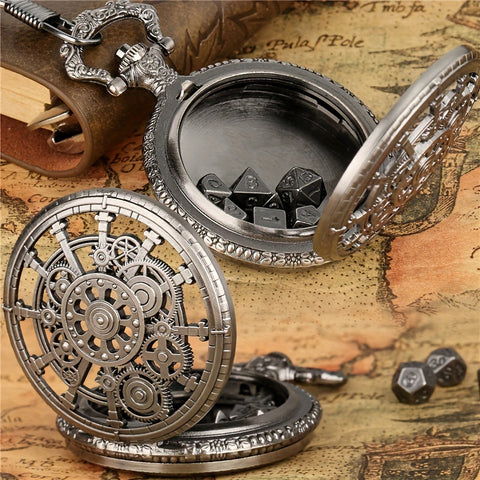 Cyber Gear Metal Dice Set – Retro Alloy RPG Dice with Vintage Pocket Watch Case (Antique Green & Antique Silver)