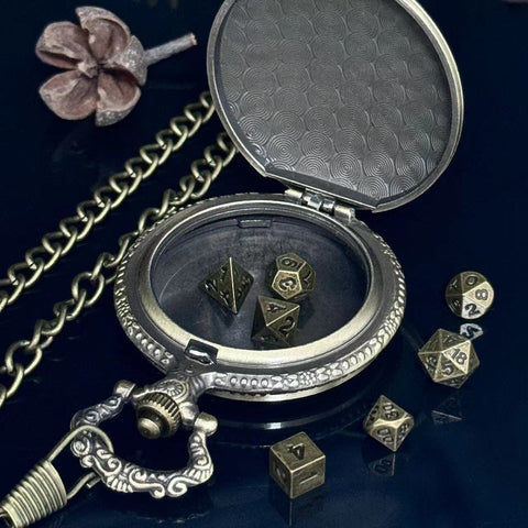 Pocket Watch Zinc Alloy Dice Set –  Mini RPG Dice with Vintage Dragon Case