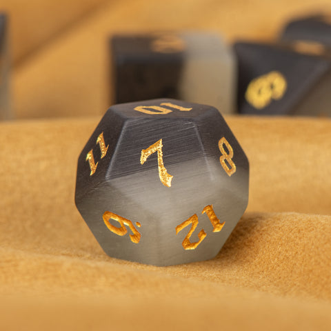 Matte Black Cat’s Eye Stone Dice Set – Handcrafted Luxury Gemstone RPG Dice for D&D, Pathfinder & Collectors