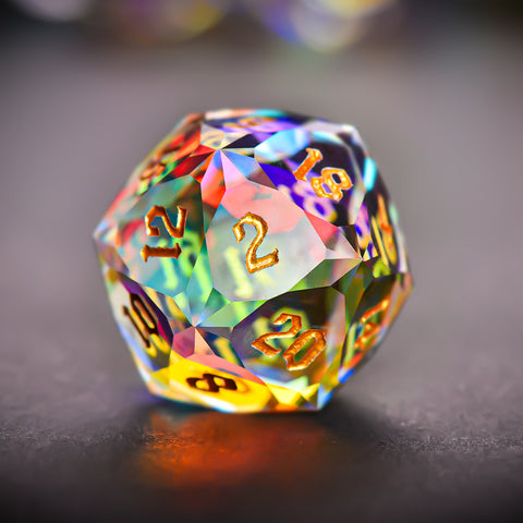 Iridescent Prism Glass Dice Set – Handcrafted Multi-Faceted K9 Glass RPG Dice for D&D, Pathfinder & Collectors