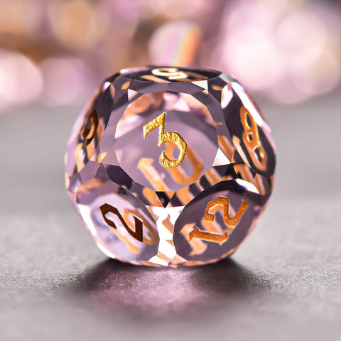 Faceted Pink Glass Dice Set – Handcrafted K9 Crystal RPG Dice with Golden Engravings for Dungeons & Dragons & Collectors