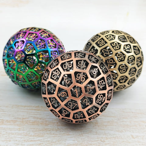 Solid Copper D100 Dice – 100-Sided Metal Dice in Bloodstain, Iridescent, Antique Red Bronze & Antique Green Bronze for DND & RPG Tabletop Games
