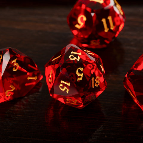 Faceted Red Glass Dice Set – Handcrafted K9 Crystal RPG Dice with Golden Engravings for Dungeons & Dragons & Collectors