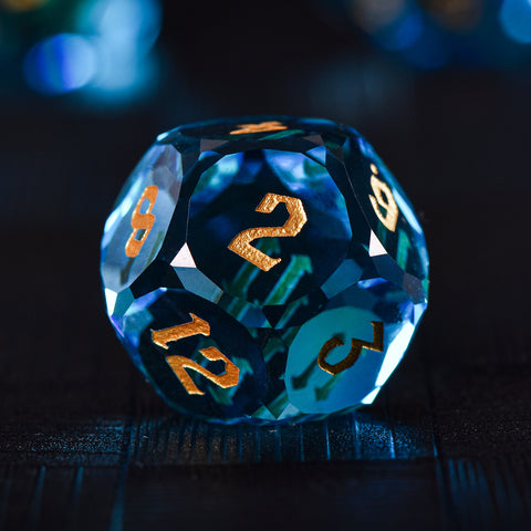 Faceted Blue Glass Dice Set – Handcrafted K9 Crystal RPG Dice with Golden Engravings for Dungeons & Dragons & Collectors