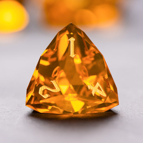 Faceted Yellow Glass Dice Set – Handcrafted K9 Crystal RPG Dice with Golden Engravings for Dungeons & Dragons & Collectors