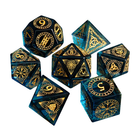 K9 Sapphire Blue Glass Dice Set – Hand-Carved Gold Engraved Crystal RPG Dice for D&D, Pathfinder & More