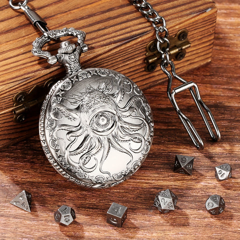 Evil Eye Cthulhu Metal Pocket Watch Dice Set – Antique Bronze & Silver Alloy RPG Dice with Vintage Case