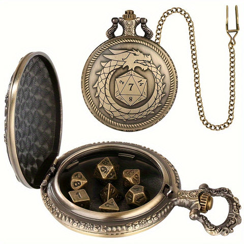 Evil Dragon Metal Pocket Watch Dice Set – Antique Bronze Alloy RPG Dice with Vintage Case