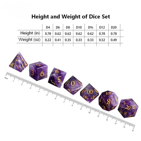 Natural Amethyst Dice Set with Gold Engraved Numbers – Premium Crystal Polyhedral Dice for DnD, Pathfinder, TTRPG, and Collectors