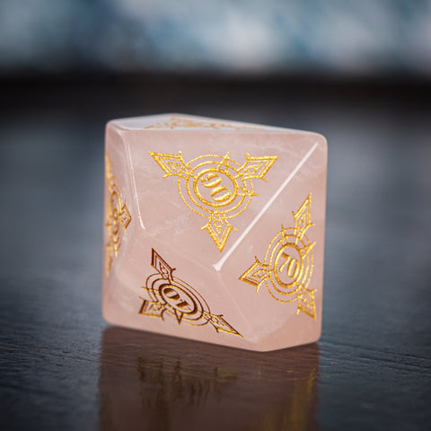 Rose Quartz Dice Set – Handcrafted Natural Pink Gemstone RPG Dice with Gold Engravings for D&D, Pathfinder & Collectors