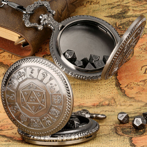 Wheel of Fate Metal Pocket Watch Dice Set – Antique Bronze & Silver Alloy RPG Dice with Vintage Case