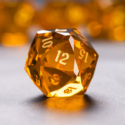 Faceted Yellow Glass Dice Set – Handcrafted K9 Crystal RPG Dice with Golden Engravings for Dungeons & Dragons & Collectors