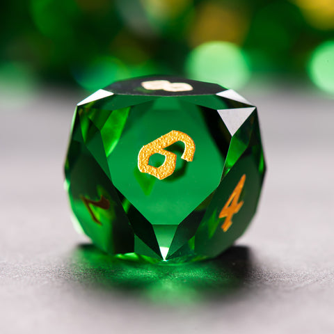 Faceted Green Glass Dice Set – Handcrafted K9 Crystal RPG Dice with Golden Engravings for Dungeons & Dragons & Collectors