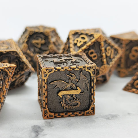 Duskrage Copper Metal Solid Dice Set with Winged Dragon Engraving – Multiple Colors Available