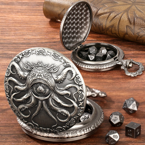Evil Eye Cthulhu Metal Pocket Watch Dice Set – Antique Bronze & Silver Alloy RPG Dice with Vintage Case