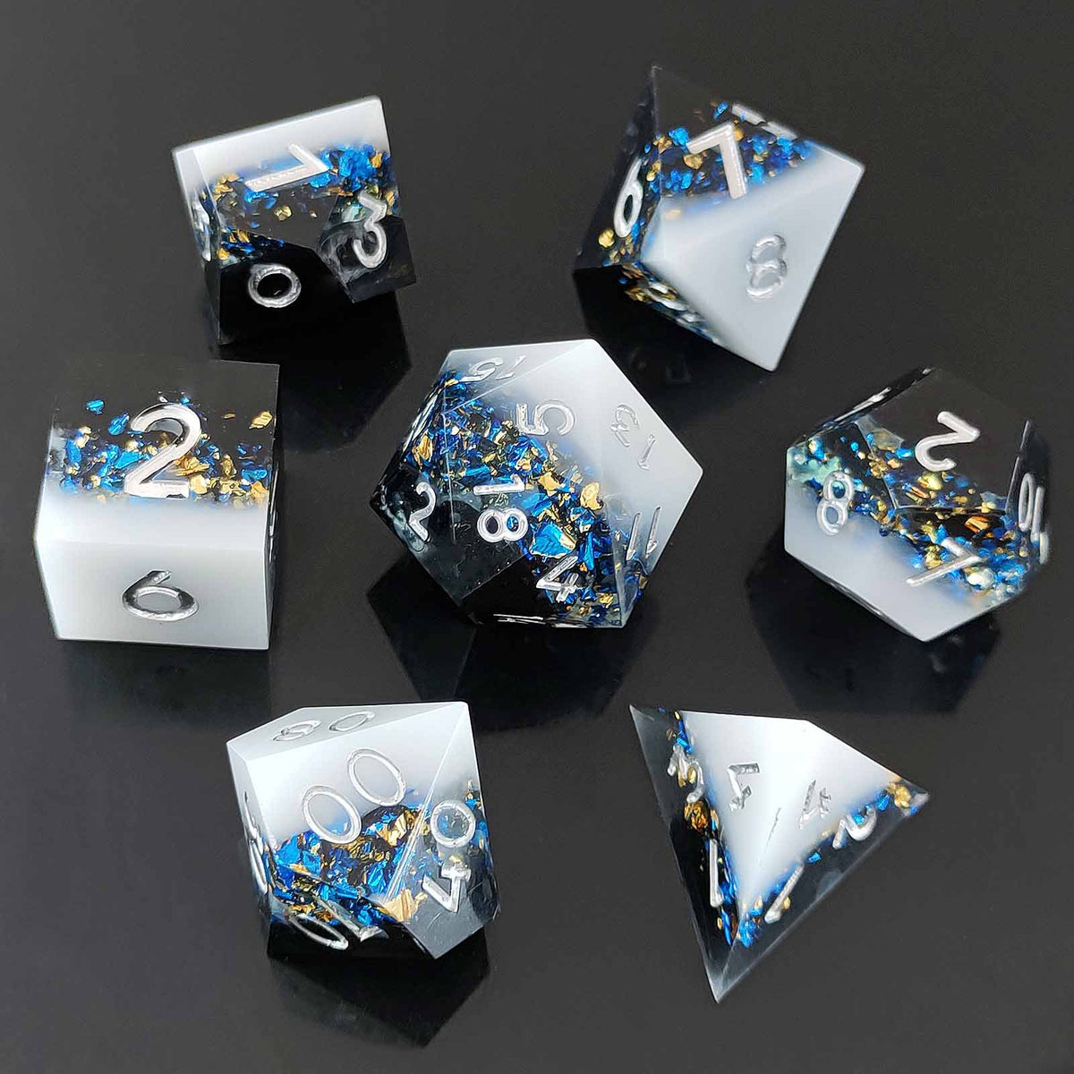 Resin Dice Set with Cat, Butterfly, Volcano, Dragon Egg & Graffiti Designs – Colorful Embedded Dice  Fluorescent Styles for DND & RPG Games