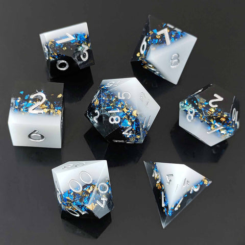 Resin Dice Set with Cat, Butterfly, Volcano, Dragon Egg & Graffiti Designs – Colorful Embedded Dice  Fluorescent Styles for DND & RPG Games