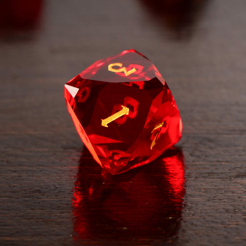 Faceted Red Glass Dice Set – Handcrafted K9 Crystal RPG Dice with Golden Engravings for Dungeons & Dragons & Collectors