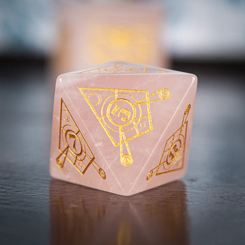Rose Quartz Dice Set – Handcrafted Natural Pink Gemstone RPG Dice with Gold Engravings for D&D, Pathfinder & Collectors