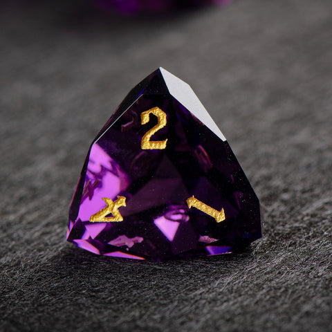 Faceted Deep Purple Glass Dice Set – Handcrafted K9 Crystal RPG Dice with Golden Engravings for Dungeons & Dragons