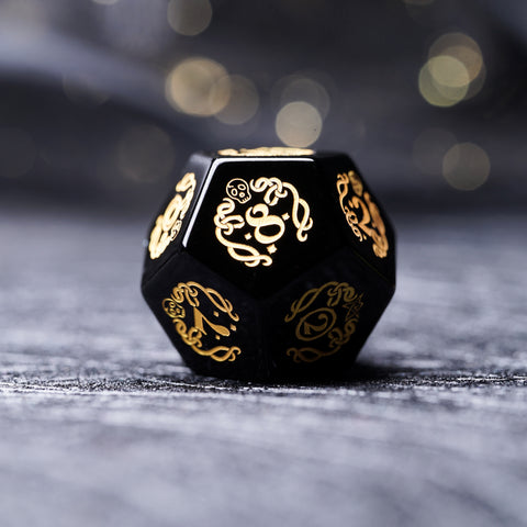 Obsidian Dice Set – Handcrafted Natural Black Gemstone RPG Dice with Gold Engraving for D&D, Pathfinder & Collectors