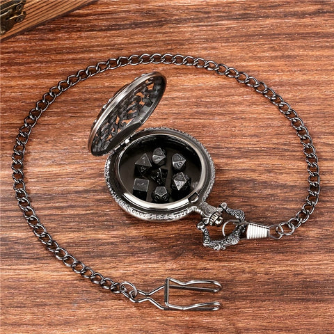 Lord of the Deep Metal Pocket Watch Dice Set – Antique Bronze & Silver Alloy RPG Dice with Vintage Case