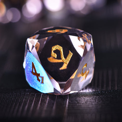 Faceted Pink Glass Dice Set – Handcrafted K9 Crystal RPG Dice with Golden Engravings for Dungeons & Dragons & Collectors