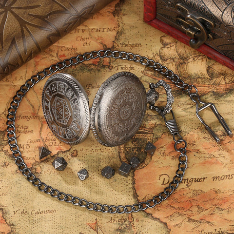 Wheel of Fate Metal Pocket Watch Dice Set – Antique Bronze & Silver Alloy RPG Dice with Vintage Case