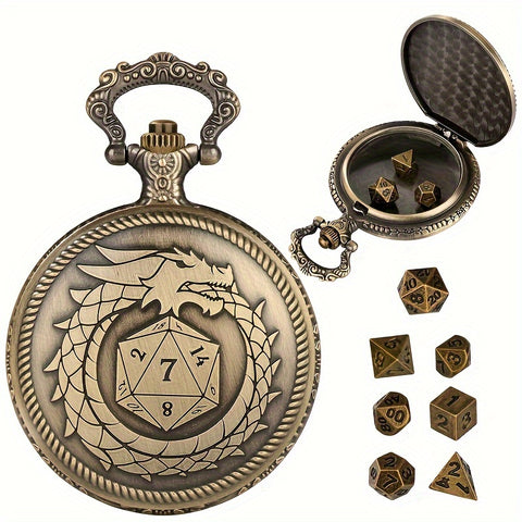 Evil Dragon Metal Pocket Watch Dice Set – Antique Bronze Alloy RPG Dice with Vintage Case