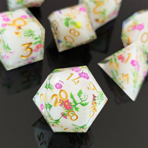 Resin Dice Set with Cat, Butterfly, Volcano, Dragon Egg & Graffiti Designs – Colorful Embedded Dice  Fluorescent Styles for DND & RPG Games