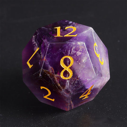 Natural Amethyst Dice Set with Gold Engraved Numbers – Premium Crystal Polyhedral Dice for DnD, Pathfinder, TTRPG, and Collectors